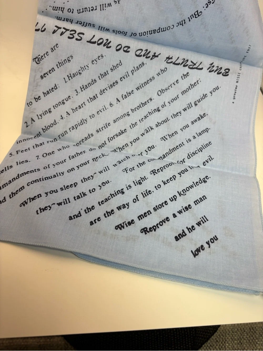 Blue VTG Handkerchief with Black Printed Bible Scripture Inspiration Scarf